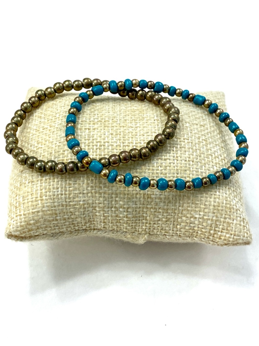 Turquoise and Brass Beaded Stretch Bracelet Duo